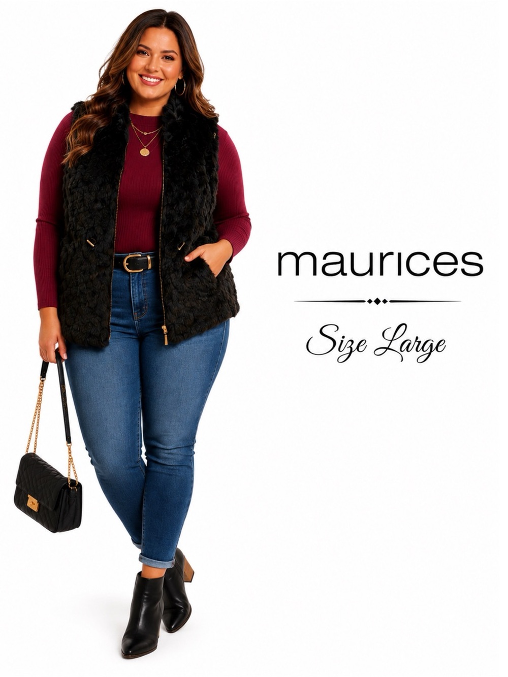 MAURICES Black Faux Fur Shaggy Vest Size Large New!